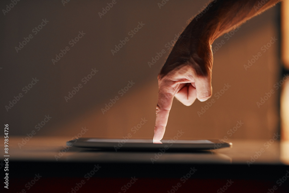 Poster Person, hands and tablet with click in office for internet research, planning schedule and send feedback on email. Finger, digital tech and point for website with networking, press and project info