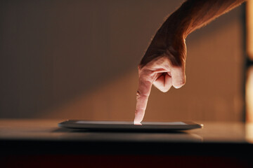 Person, hands and tablet with click in office for internet research, planning schedule and send...