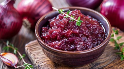 Red onion chutney with thyme in a cute little bowl.