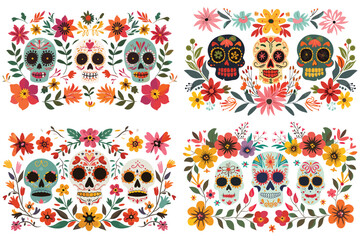 Day of the dead colorful design with floral background, Decorated skulls with colorful flowers, Skull surrounded by colorful flowers, Colorful skull with flowers surrounding, , Vector illustrations 