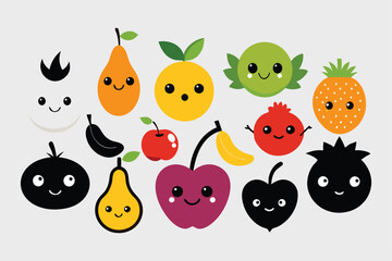 Cartoon fruits funny vector set illustration.