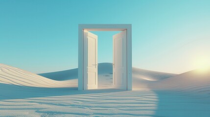 An open door leading to the desert, symbolizing hope and new beginnings.