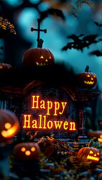 Happy Halloween featuring a spooky graveyard at night. seamless looping time-lapse virtual 4k video animation