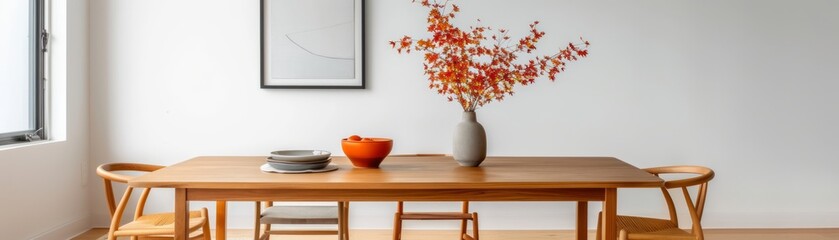 Minimalist dining room with a wooden table, a few chairs, and a single piece of modern art, creating a clean and inviting space, with copy space for text
