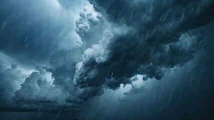Heavy rainfall and dark storm clouds, slow tilt emphasizes storm intensity, turbulent atmosphere