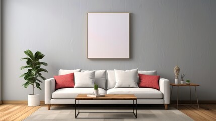 Simple living room with a sleek sofa, a coffee table, and a single piece of wall art, capturing the elegance of minimalism, with copy space for text