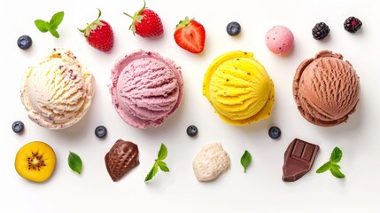 Set of five various ice cream scoops or balls with ingredients isolated on white background. Top view. Strawberry, vanilla, mango, chocolate and blueberry flavor
