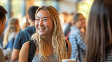 A smiling student engaging in conversation with friends in a busy hallway, capturing the essence of youth, social interaction, and a lively environment.