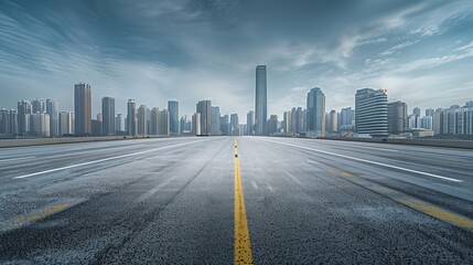 Fototapeta premium A broad urban highway extends towards a modern city skyline under a dramatic cloudy sky The scene highlights various skyscrapers and contemporary architecture with the road