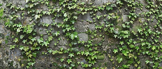 Panoramic close-up, high detail scan of rustic ivy-covered wall texture, Generative AI