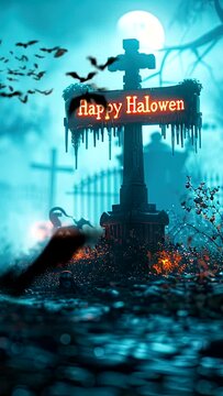 Happy Halloween featuring a spooky graveyard at night. seamless looping time-lapse virtual 4k video animation