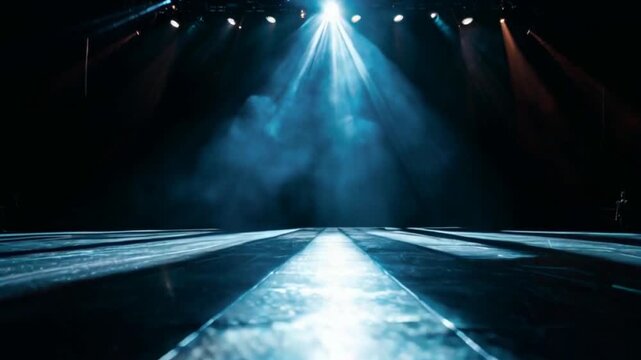 Stage with spotlights creating colorful lighting, slow pan captures lighting effects, contrast with dark background