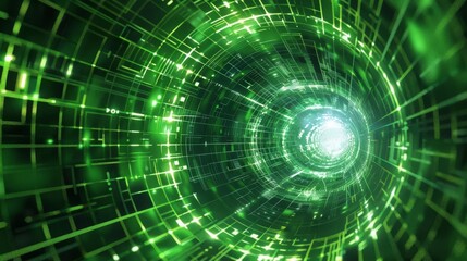 Dynamic green digital tunnel with glowing lights, illustrating the concept of futuristic technology and high-speed data transmission.