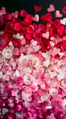 Close up Red and pink roses, love hearts for Valentine's Day, wedding day, or wedding invitation cards, set on an isolated black background, ideal for backgrounds or wallpapers