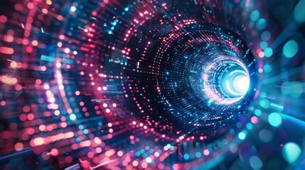 Futuristic digital data tunnel with glowing lights, representing high-speed data transfer, cybersecurity, and technology concepts.