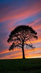 Obraz premium A serene silhouette of a lone tree against a colorful sunset sky