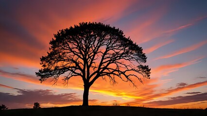 A serene silhouette of a lone tree against a colorful sunset sky