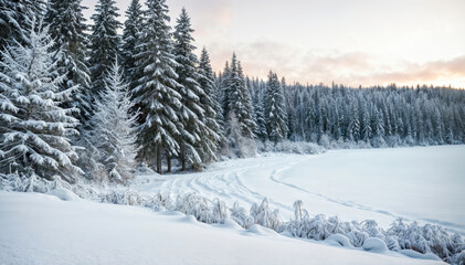 Winter Snowy Landscape with Falling Snowflakes