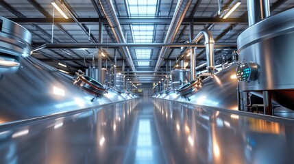 Fototapeta premium Brewery food industrial production concept. Large reservoirs or tanks in modern beer factory, Pipes stainless steel brewing equipment.