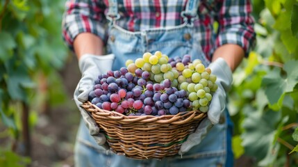 Fototapeta premium Farmer holding a basket of fresh grapes in vineyard