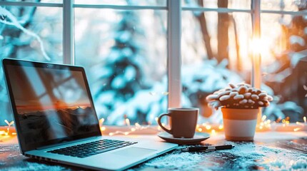 Cozy scene with coffee and laptop by a window, overlooking a serene winter landscape
 Seamless looping 4k time-lapse virtual video animation Generated AI