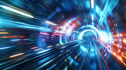 Dynamic image of a vibrant tunnel with colorful lights and motion blur, symbolizing speed, energy, and futuristic concepts.