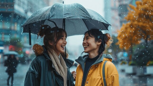 Two women are smiling and holding umbrellas in the rain