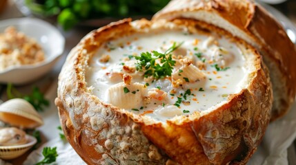 New England creamy Chowder clam soup. Garnished with fresh parsley and served in a bread plate.