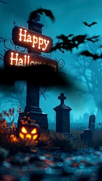 Happy Halloween featuring a spooky graveyard at night. seamless looping time-lapse virtual 4k video animation