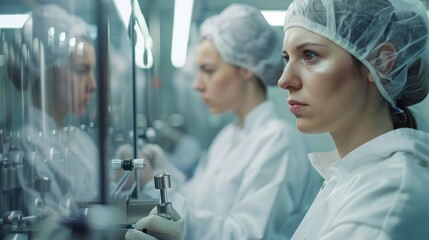 Female factory workers check machine systems at the industrial factory. Women working in clean rooms for beverage and food production. copy space for text.
