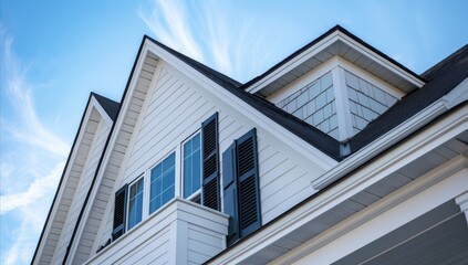 The gable roof on an American suburban home. Architecture home. roof with window. blue sky. daytime. anthropic style. Generative AI.