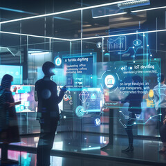 Businessman interacting with a touch screen, pushing a button, representing technology and digital communication