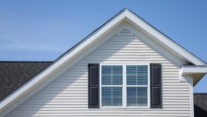 The gable roof on an American suburban home. Architecture home. roof with window. blue sky. daytime. anthropic style. Generative AI.