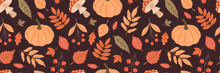 Cozy autumn banner pattern on a dark background with pumpkins, leaves, plants