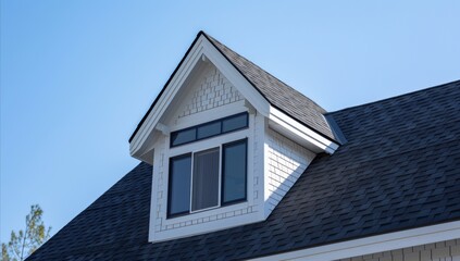 The gable roof on an American suburban home. Architecture home. roof with window. blue sky. daytime. anthropic style. Generative AI.
