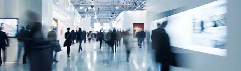 Blurred background of people walking. Exhibition hall. Businesspeople. Dynamic movement. Bokeh effect. Long shot. Generative AI.