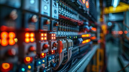 Control panel with numerous switches and glowing lights