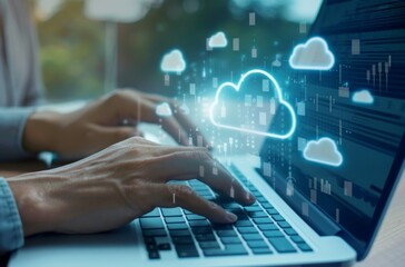 A person typing on their laptop with cloud computing icons. Technology architecture. Futuristic. AI Technology. Virtual storage. Cloud. Generative AI