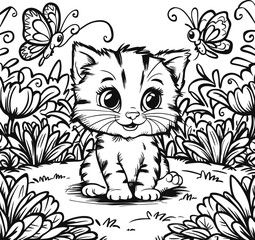 Kitty Children's coloring book. Coloring Page Outline Of cartoon little cat on flower clearing. Cute kitten with butterfly. Studying laptop in kitty.