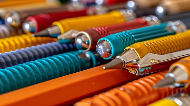 High quality close up image of neatly arranged mechanical pencils each with different colored grips ideal for school supplies creative tools and stationery photos