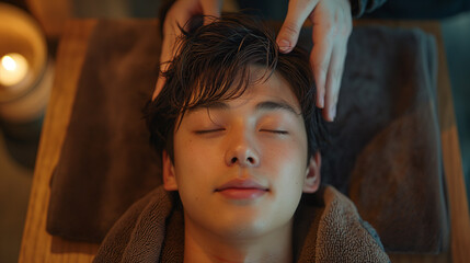 ヘッドスパを受ける男性