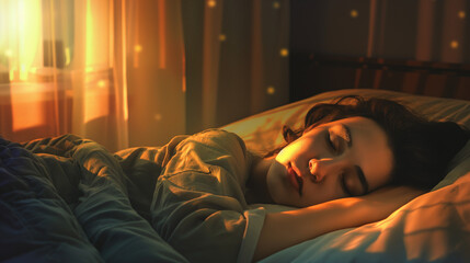 Woman sleeping peacefully in a sunlit bedroom.