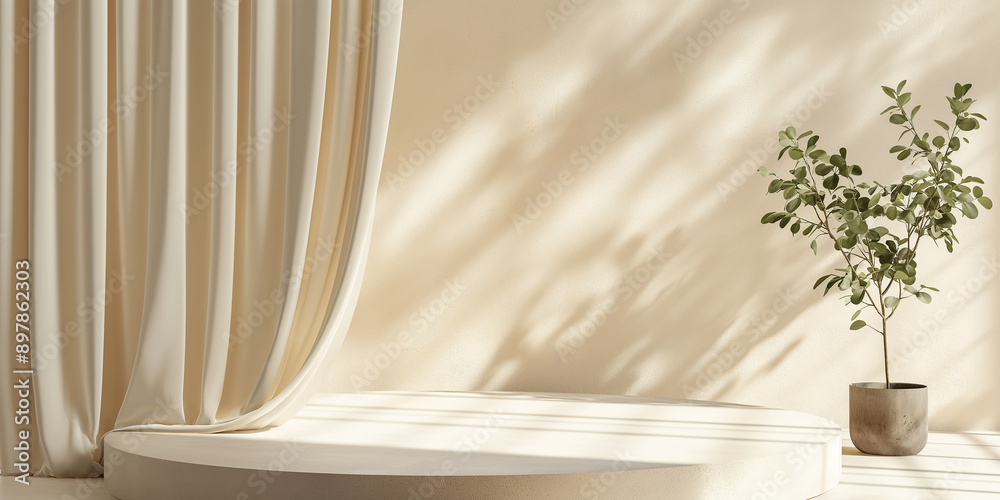 Poster sunlight passing through sheer curtain illuminating empty podium and plant