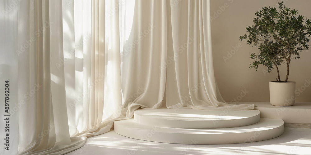 Poster Sunlight passing through sheer curtains illuminating empty podiums