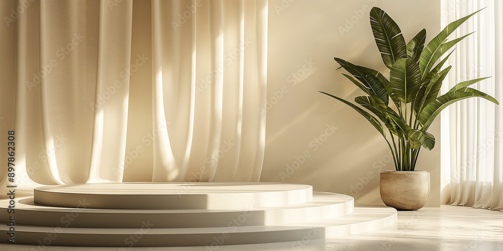 Aufkleber Minimalistic empty podium with curtain for product placement