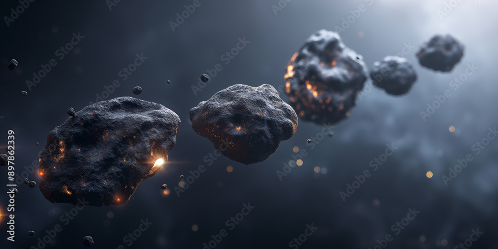 Poster asteroid field is flying in outer space with smoke and fire