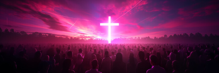 Crowd gathering in front of glowing cross at sunset