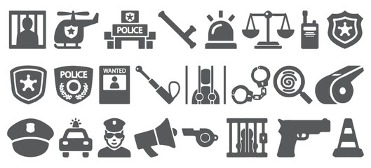 Police and security glyph collection. Police equipment icon mega bundle