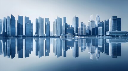 Modern Urban Development - Sleek Skyscrapers with Glass Facades Reflecting in Water, Symbolizing Innovation and Architectural Progress