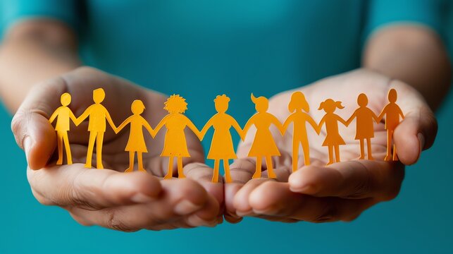 Hands Holding Paper Chain of People.